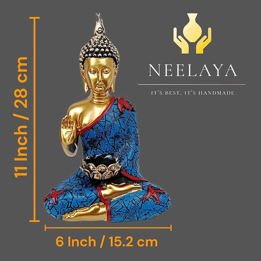 Neelaya Meditating Buddha Statue With Tealight Candle Holder Polyresin Showpiece 28 Cm Gold Blue