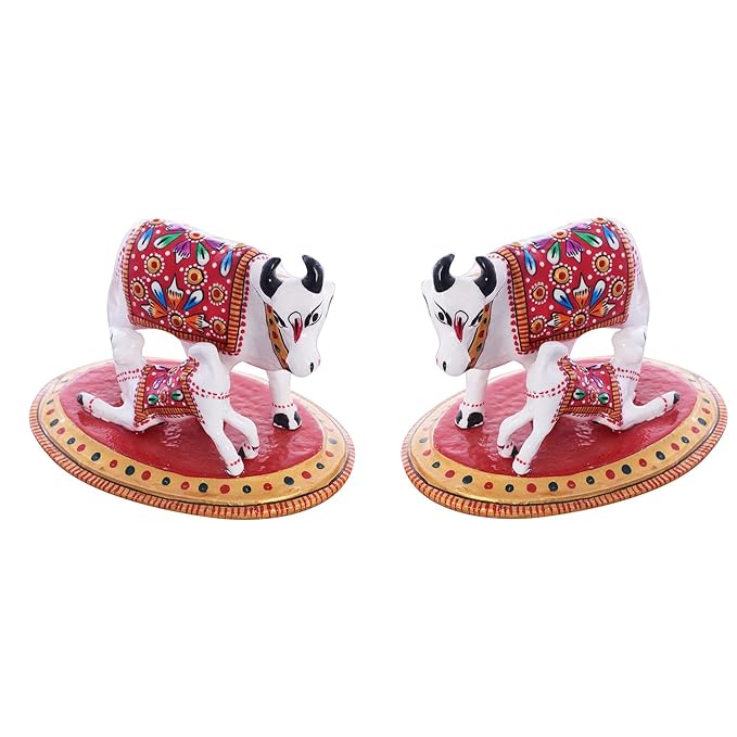 Ecraftindia Meenakari Cow and Calf Metal Figurine | Red and Black | Set of 2