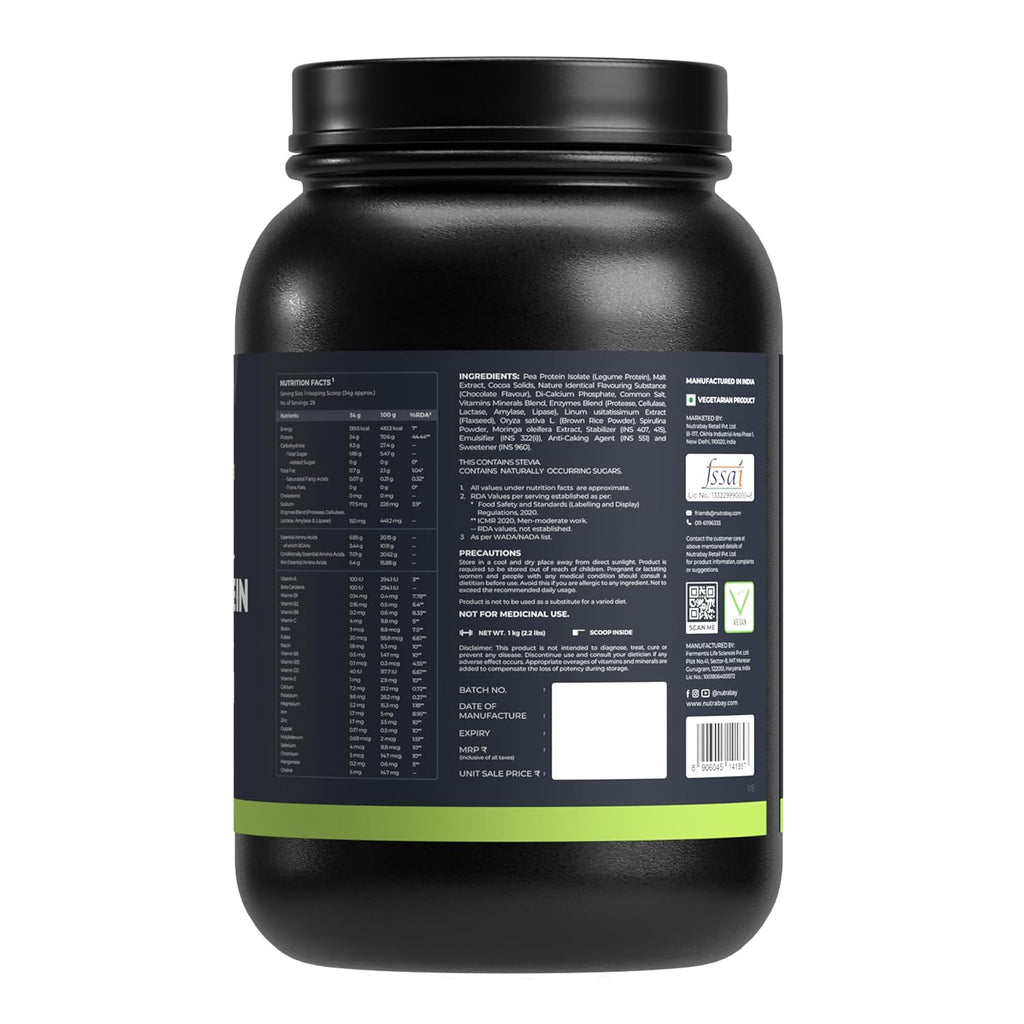 Nutrabay Wellness All Natural Plant Protein - 1kg, Gourmet Chocolate | Complete Amino Acid | Pea & Brown Rice Protein | 24g Protein | Easy to Digest | Sweetened with Stevia | For Men & Women