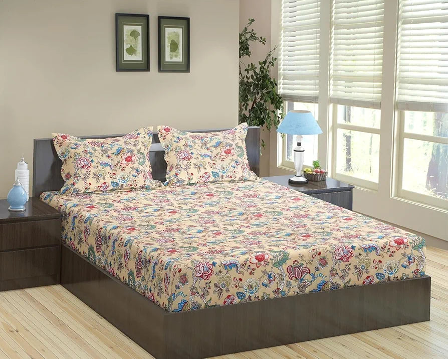 Trance Home Linen 144TC 100% Cotton Heritage Elastic Fitted Bedsheet with 2 Pillow Covers Jaipuri Printed Artisan Block Design Colour Malhaar red