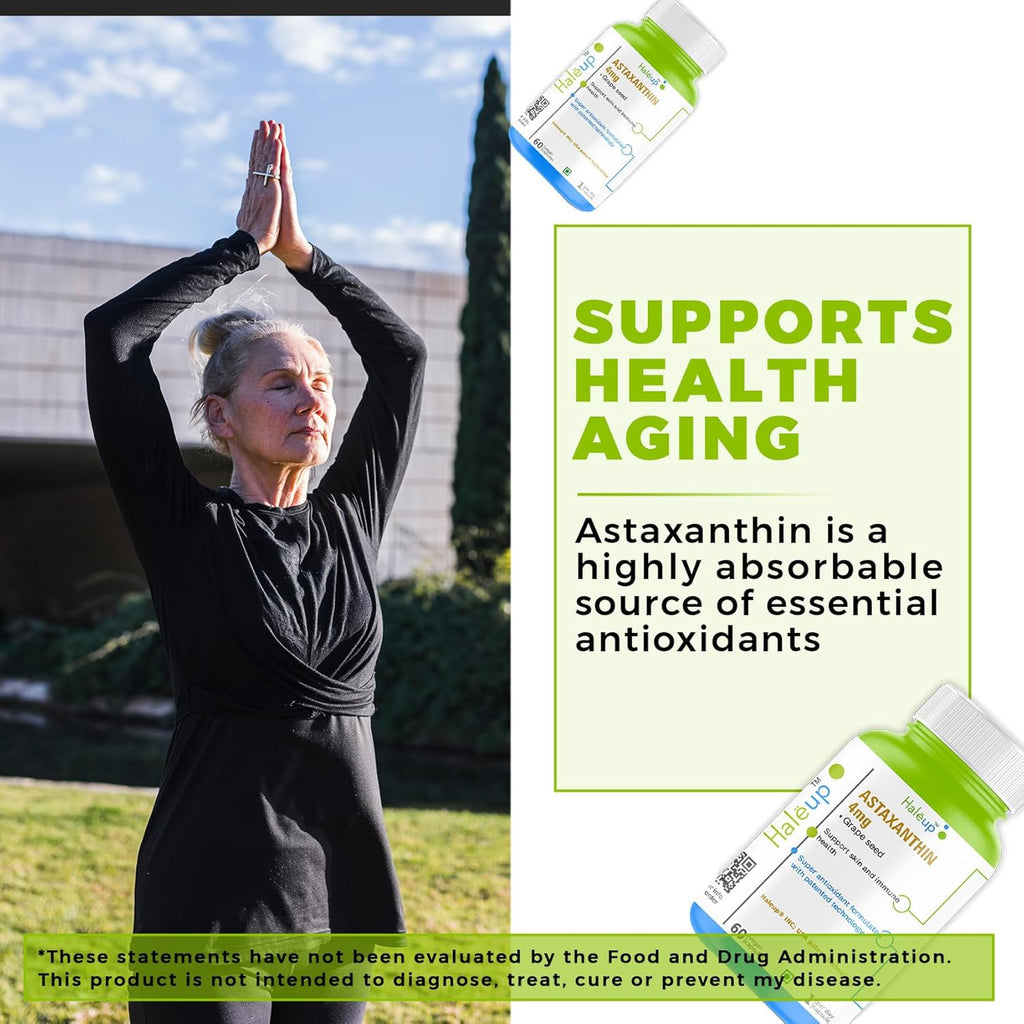 Haleup Plant Based Astaxanthin 4 mg with Grape Seed Supplement I 60 Veg Capsules I Supports Eye, Joint & Skin Health I Boosts Immune System