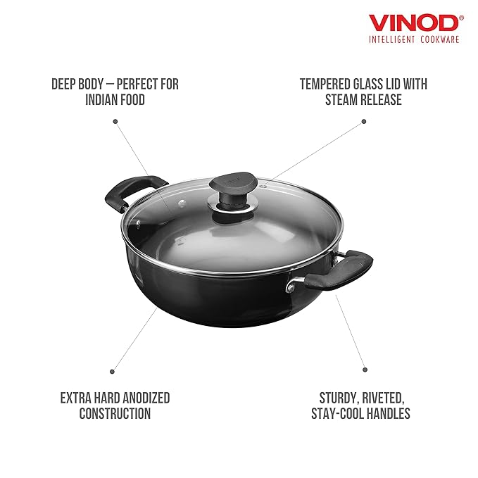 Vinod Black Pearl Hard Anodised Deep Kadai With Glass Lid 2.1 Litres Capacity | 20 Cm Diameter | With Riveted Sturdy Handles | 3.25 Mm Thickness | Black