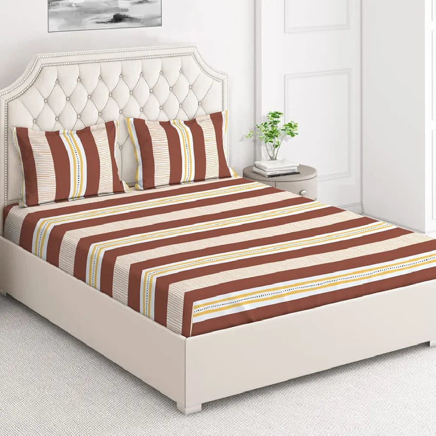 Layers Tuscany Cotton Bedsheet Set for All Seasons Lightweight 104 TC Queen Size Brown Striped