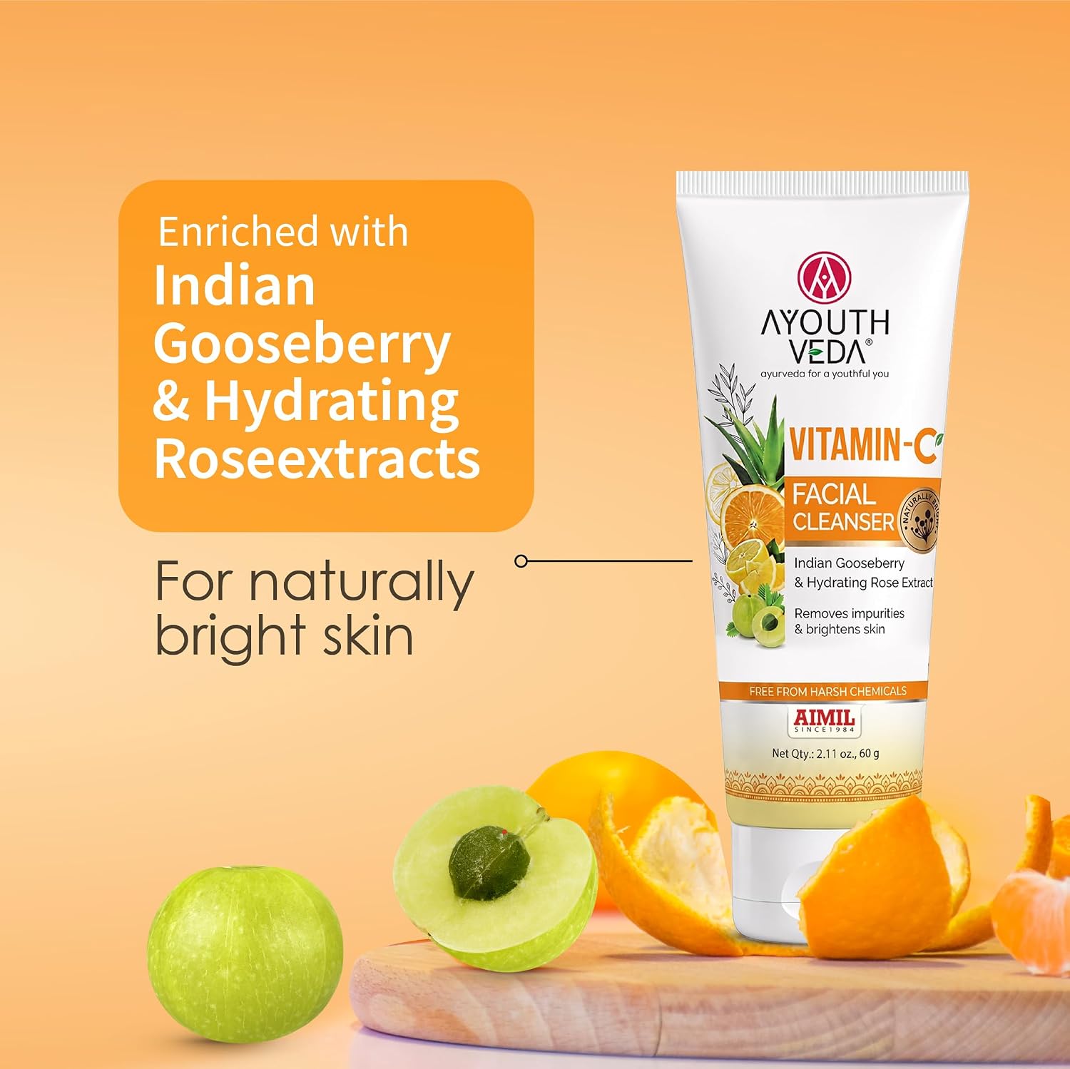 Ayouthveda Vitamin-C Facial Cleanser with Indian Gooseberry, Lemon, Orange & Hibiscus Extracts | Gently Exfoliates, Promotes Collagen & Brightens Skin | Suitable for All Skin Types | 100g