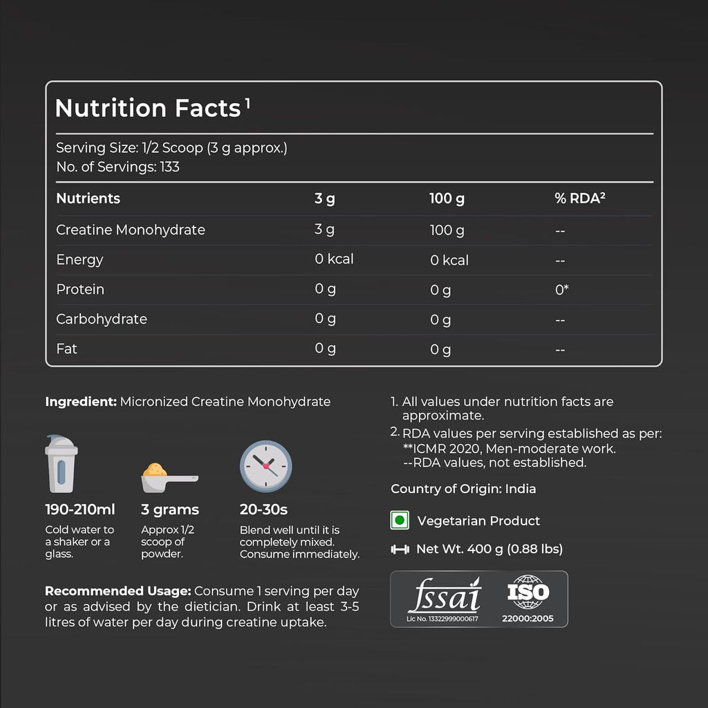 Nutrabay Pure Micronised Creatine Monohydrate Powder 3000 mg/Serving |Trustified Certified | Fast Absorption â€“ Increases Lean Muscle Mass, Strength & Power â€“ 400g, Unflavoured