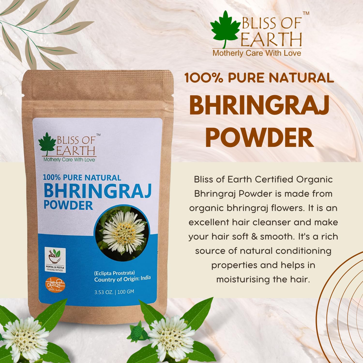 Bliss of Earth Bhringraj Powder for Hair Growth, Herbal Great for Hair Mask, Hair Grow & Skin Care 100gm
