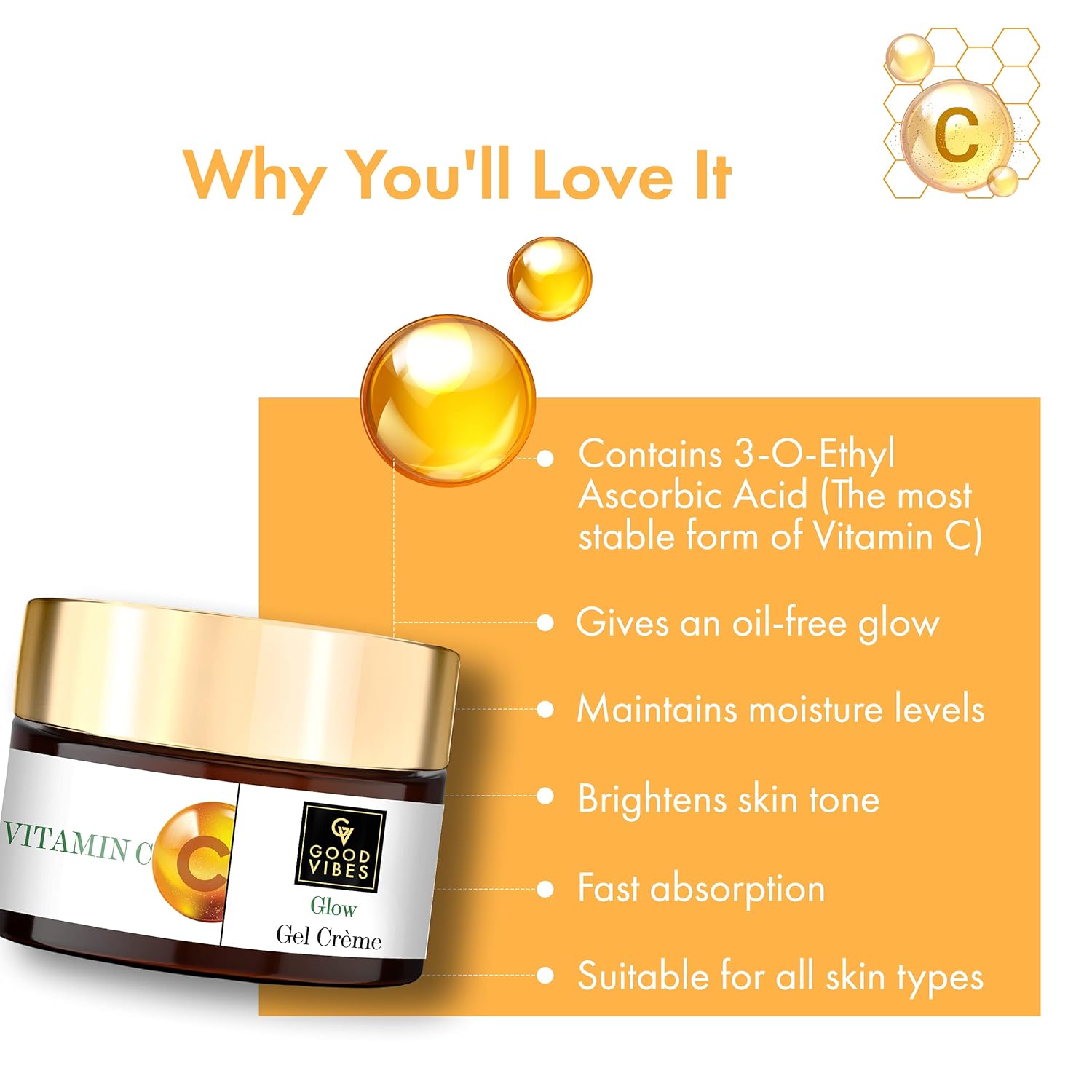 Good Vibes Vitamin C Glow Gel Creme, 50 g Skin Brightening Hydrating Moisturizing Face Cream for All Skin Types, Rich in Antioxidants & Helps Reduce Dark Spots, No Parabens & Sulphates