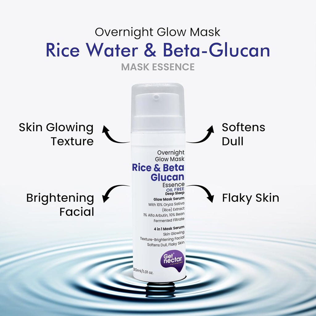 Get Nectar Happiness Overnight Glow Mask Rice & Beta-Glucan (Oil Free) with Rice fermented, Beta-glucan & Bean Essence for Skin Glowing Texture-Brightening facial, Softens dull, & Younger-Look (30ml)