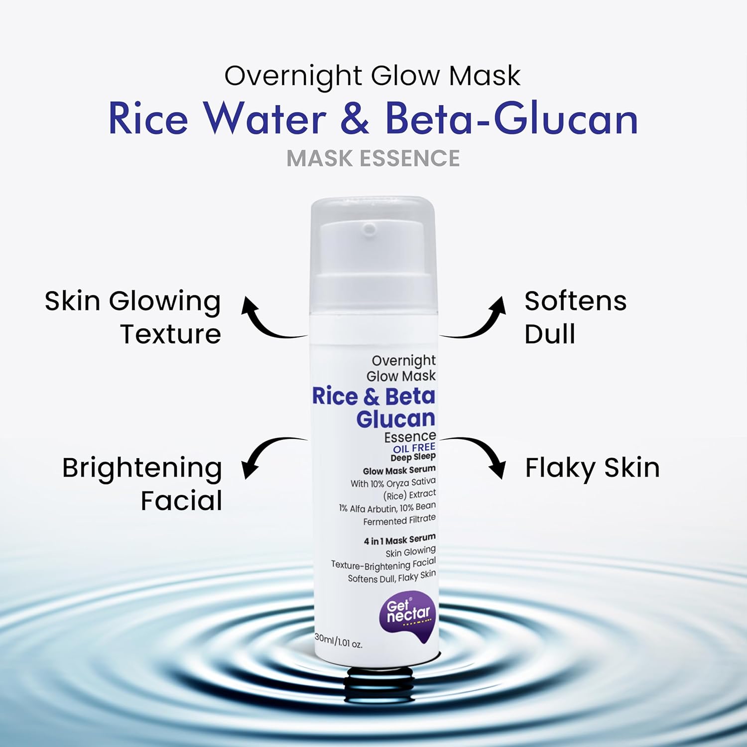 Get Nectar Happiness Overnight Glow Mask Rice & Beta-Glucan (Oil Free) with Rice fermented, Beta-glucan & Bean Essence for Skin Glowing Texture-Brightening facial, Softens dull, & Younger-Look (30ml)