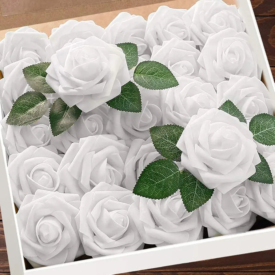 Artificial Flowers White Roses Real Looking Fake Roses with Stem Leaves White