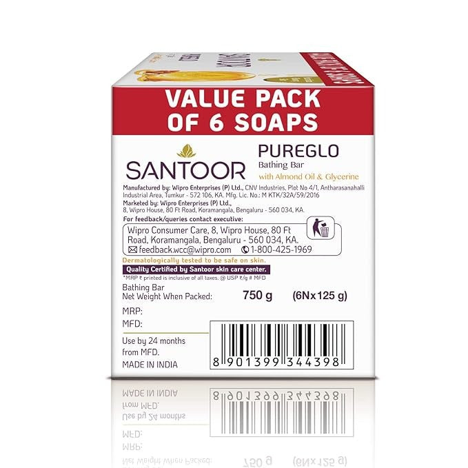 Santoor PureGlo Glycerine Soap with Almond Oil and Glycerine - 125 gms (Pack of 6)