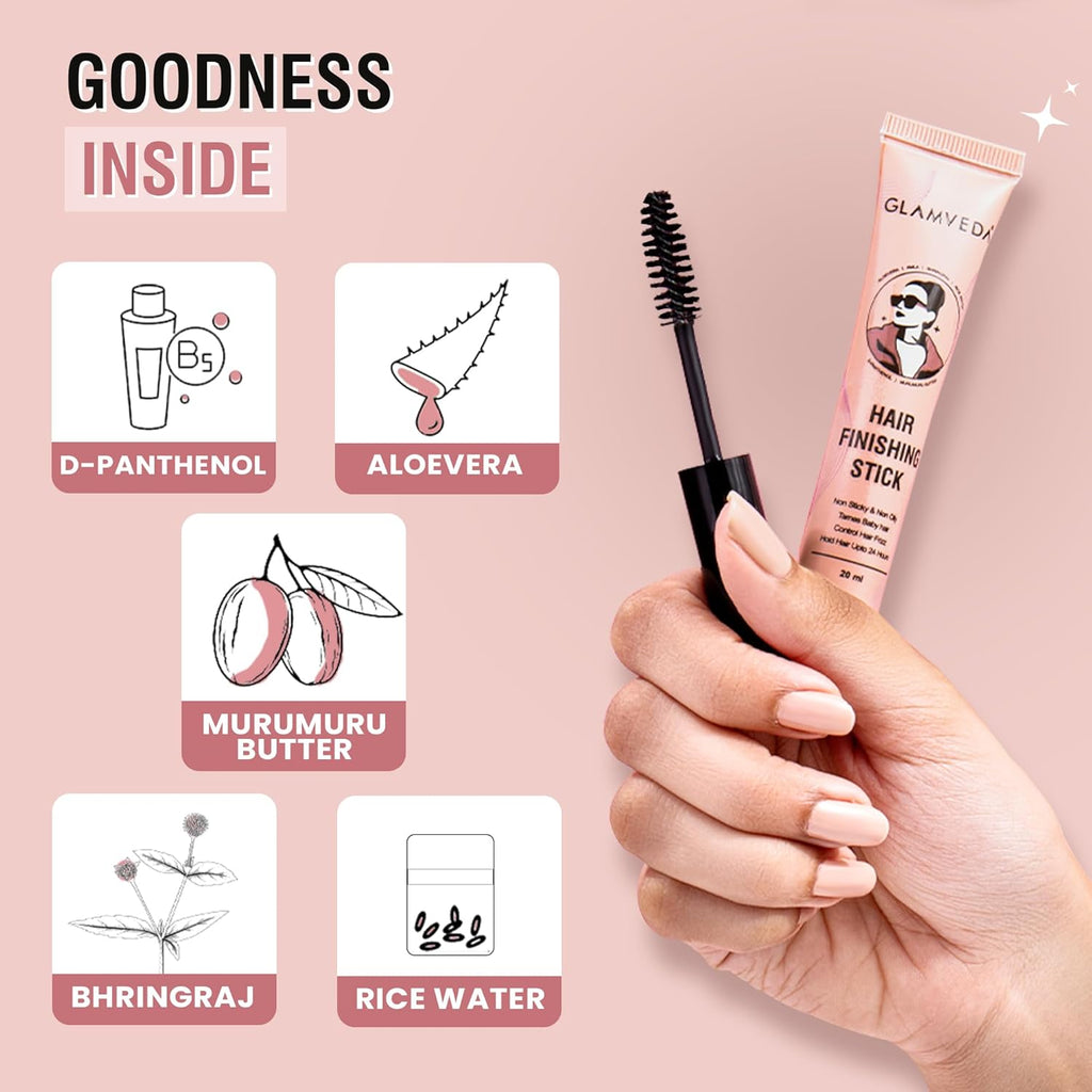 GLAMVEDA Frizz Free Hair Finishing Stick | Anti-Frizz Hair Fix Stick for Flyaways & Baby Hair | Non-Sticky & Non-Greasy Formula | Long-Lasting Hold with Rice Water | 20ml