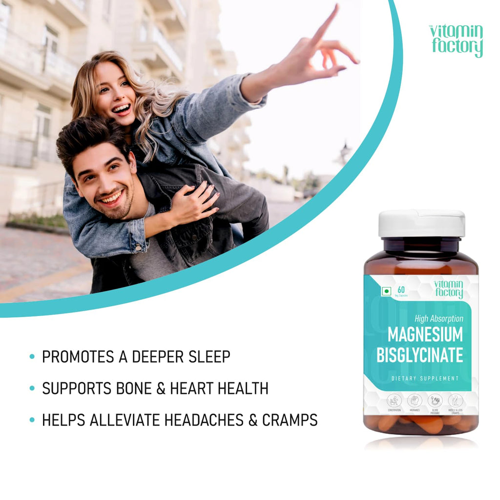 The Vitamin Factory Magnesium Bisglycinate Supplement - High Absorption Magnesium Supplements For Both Men & Women, Supports Sleep, Muscles & Nerve Health Supplements, 60 Vegetable Capsules