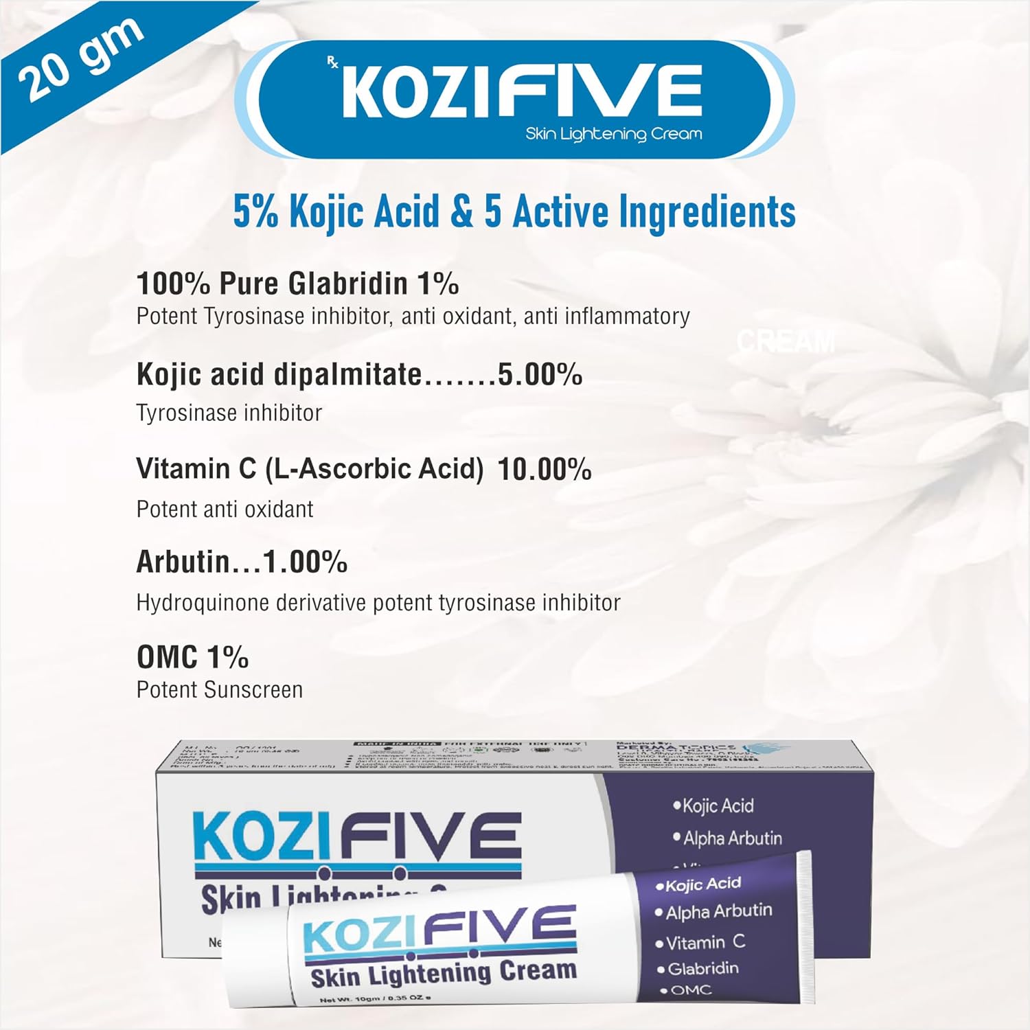Skin Lightening Cream With Kojic Acid, Alpha Arbutin, Vitamin C, Glabridin, OMC 20 Gm