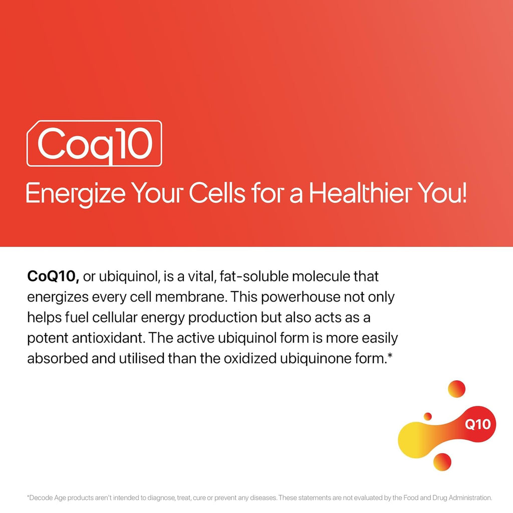 Decode Age CoQ10 (Coenzyme Q10) with Piperine 5mg for High Absorption | Ubiquinol Formula Supports Heart & Vascular Health, Cellular Energy & Healthy Ageing | 60 Capsules, 2 Month Supply