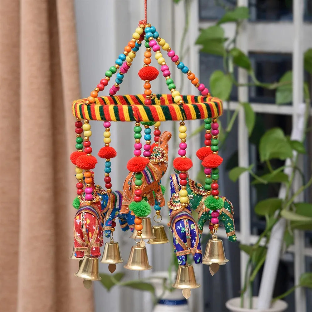Kuber Industries Rajasthani Traditional Windchimes Hanging Ring Elephant with Bells