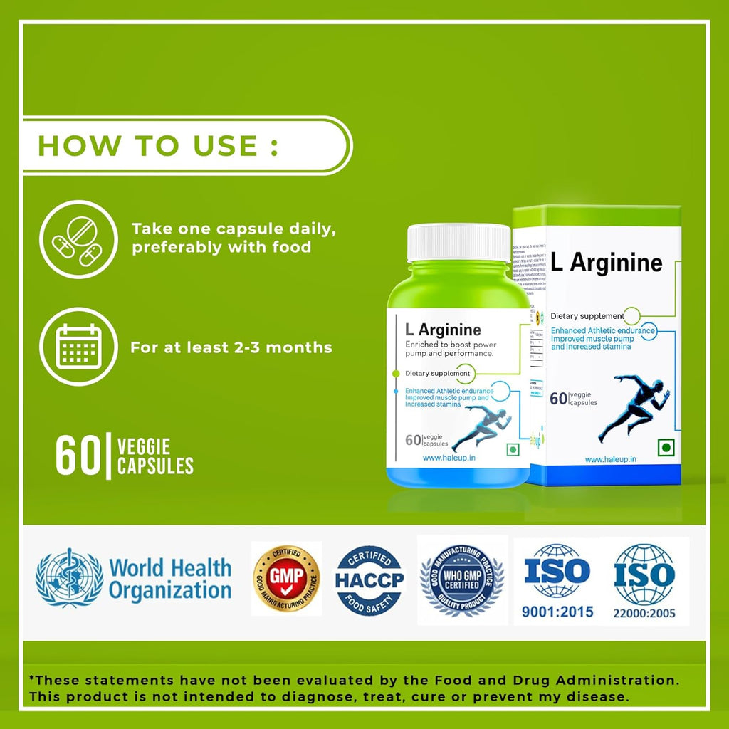 Haleup L-Arginine capsules, Sourced from USA,Muscle building for men and women, support blood-flow and heart health, 1000 mg per serving (Pack of 1)