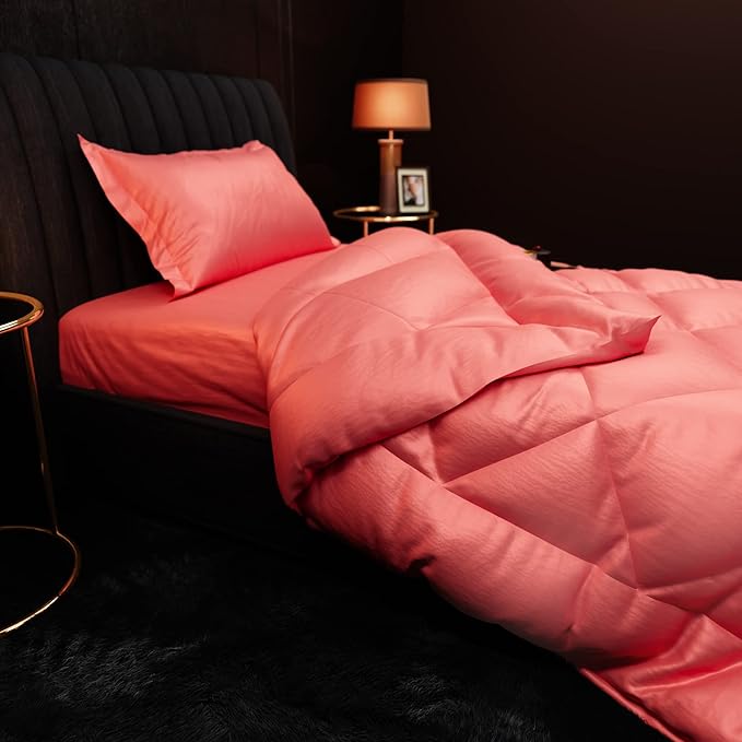 Stoa Paris Satin Comforter for Single Size Bed 300 TC One Pillow Cover Colour Scarlet