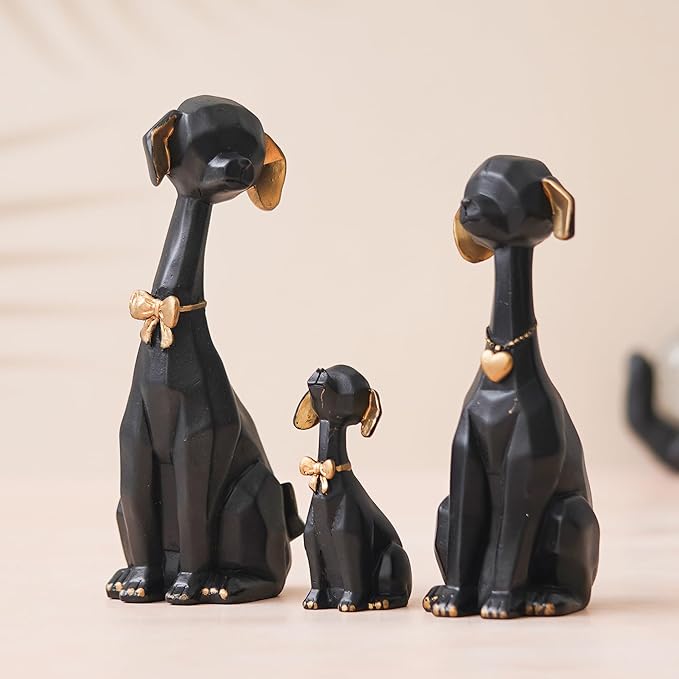 Ecraftindia Black Golden Set of 3 Cute Dog Statues Animal Figurines Decorative Showpieces