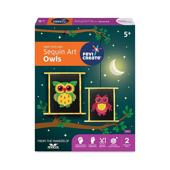 Fevicreate Sequin Art Owl Craft Kit Boost Child's Creativity for Kids Age 5+ Years