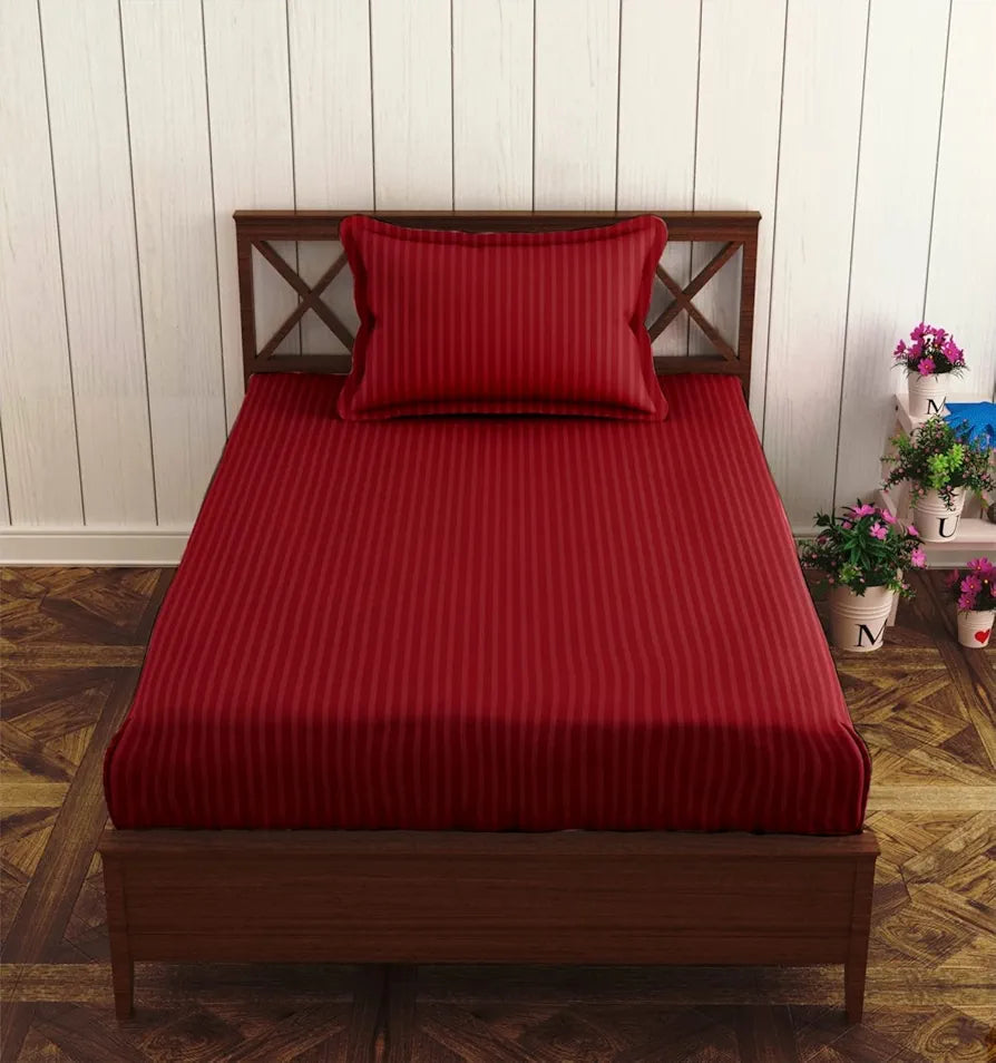 Trance Home Linen 100% Cotton 78x36 inch Single Fitted 200TC Satin Stripe Elastic Fitted Bedsheet with 1 Pillow Covers Colour Maroon