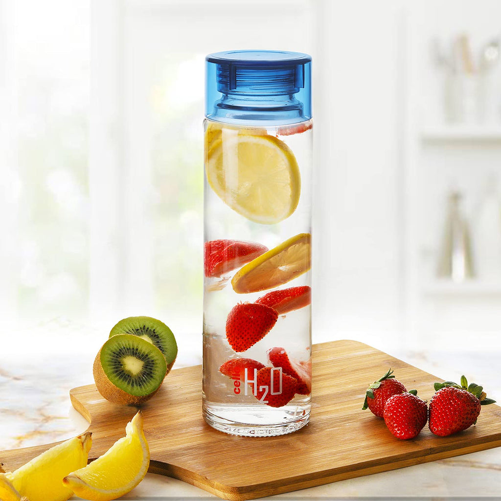 Cello H2O Glass Fridge Water Bottle with Plastic Cap | 920 ml | Set of 3 | Blue