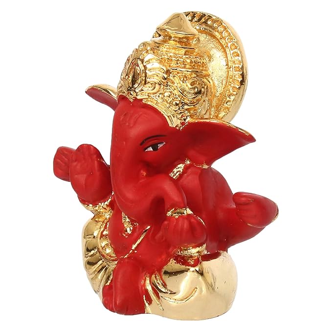 Ecraftindia Gold Plated Red Mukut Ganesha Decorative Showpiece