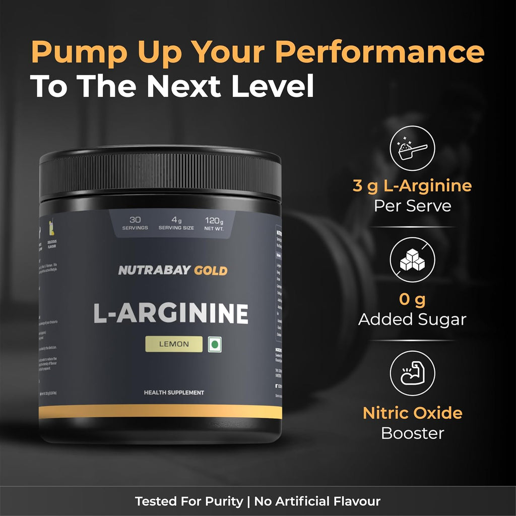 Nutrabay Gold L-Arginine Supplement Powder 120g, Lemon Flavor â€“ Pre Workout Amino Acid for Endurance, Muscle Building & Faster Recovery| Tested for Purity | 100% Authentic