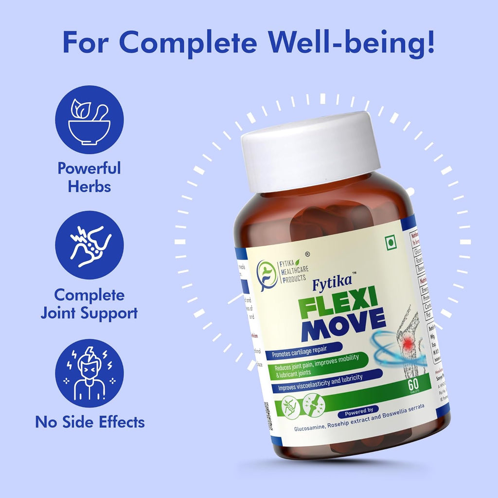 FYTIKA Flexi Move - 60 Tablets (Pack of 1)| Glucosamine, Rosehip Powder, Boswellia Extract | 4 in 1 Formula that Supports Your Bone, Joint, And Cartilage Health | For Men and Women