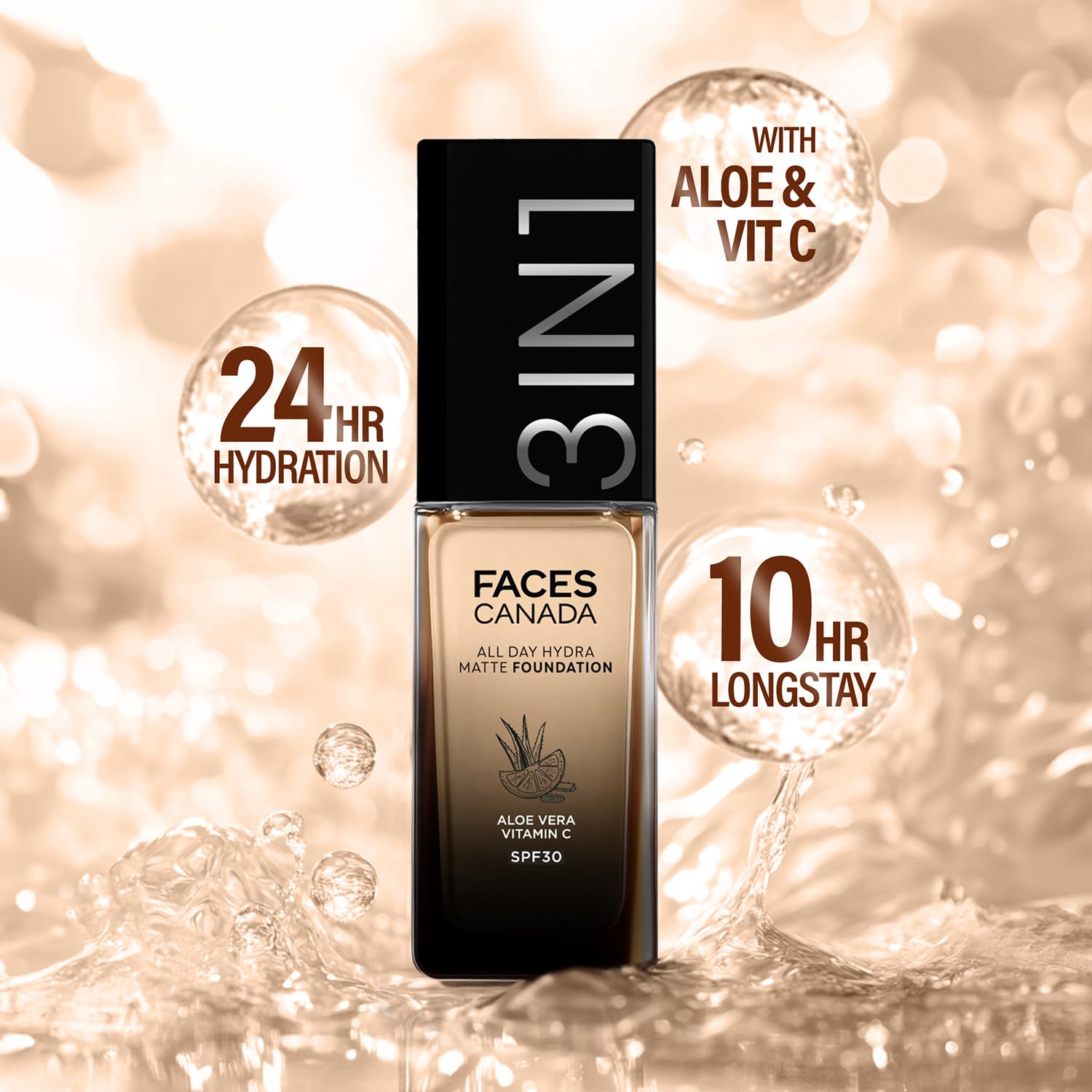 FACES CANADA All Day Hydra Matte Foundation | 3-in-1 Foundation + Moisturizer + SPF 30 | 24 HR Aloe Hydration & Vitamin C | 10HR Long Wear | Medium to High Buildable Coverage | Soft Sand 041 | 25ml