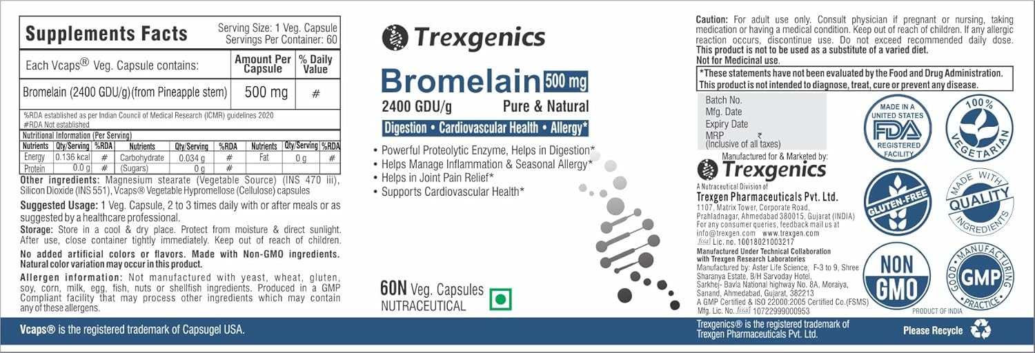 Trexgenics BROMELAIN 500 mg 2400 GDU/gm Natural Digestion, Joint Health Support VEGAN & NON-GMO (60 Veg. Capsules) (Pack of 1)