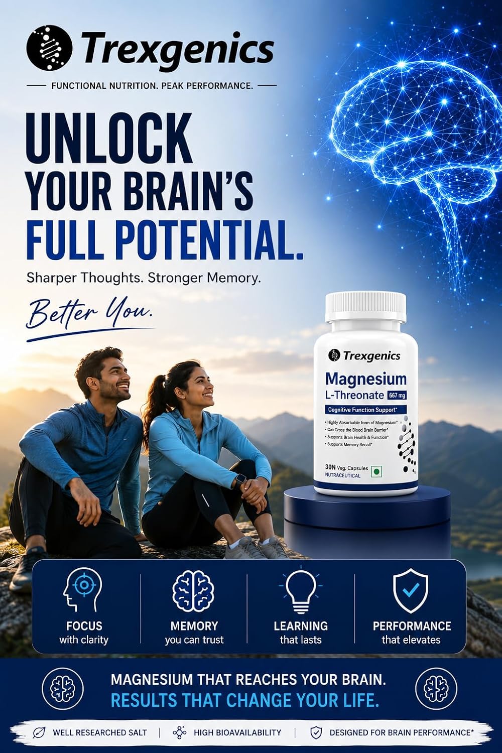Trexgenics Magnesium L Threonate Cognitive Function & Brain Health Support (90 Veg. Capsules)