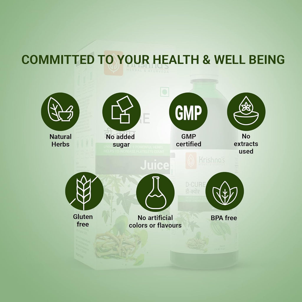 KRISHNA'S HERBAL & AYURVEDA D Cure Juice -500 Ml|Support For Blood Platelets Count|Papaya Leaf,Giloy,Tulsi,Pipar,Pipla Mool,Chavya,Chitrak,Sounth,Haldi|Detoxifies&Rejuvenates Body