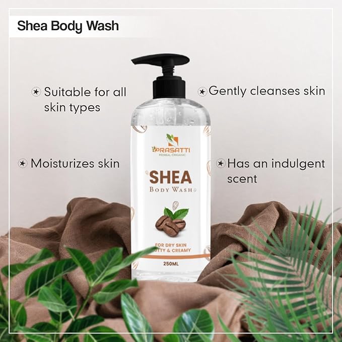 Prasatti Herbal Organic Shea Butter and Argan Oil Body Wash for Nourishing Hydration for Soft, Smooth, and Clear Skin | 250 Ml