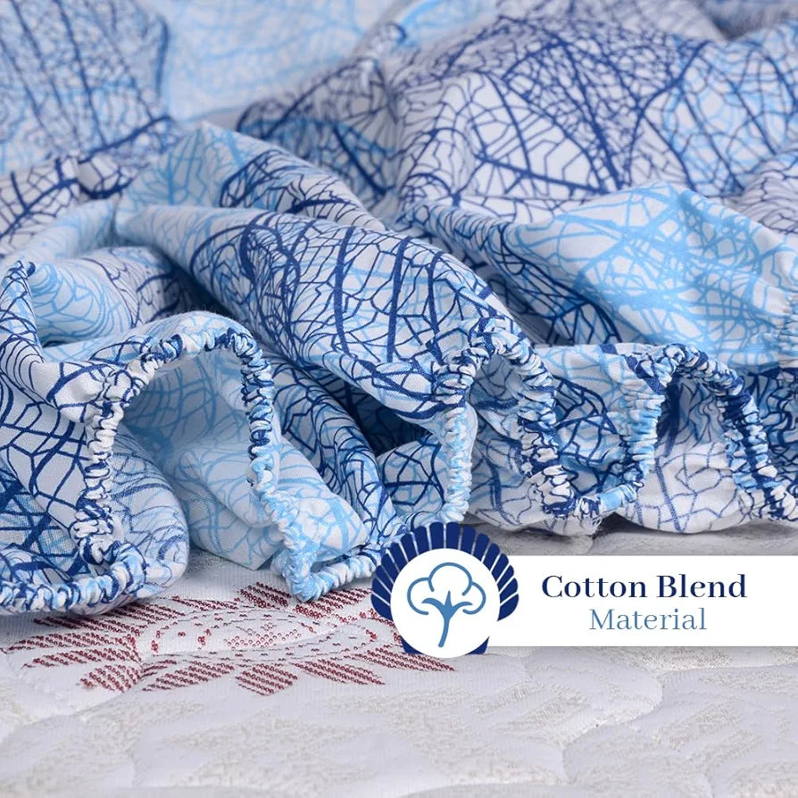 Divine Casa 144 TC Cotton Fitted Bedsheet for King Bed Floral Print Blue Skin-Friendly & Breathable Elastic Fit 100% Cotton