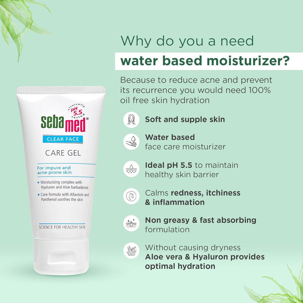 Sebamed Clear Face Care Gel 50 ml|pH 5.5 |Acne/ pimple prone skin|Hyaluronic acid & Aloe Vera|Water based Moisturiser | non sticky l Toxin free