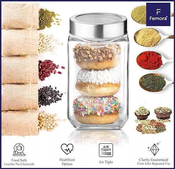 Femora Kitchen Storage Jars Transperent Glass With Steel Lid Air Tight Jar | 1550 Ml | Pack of 4