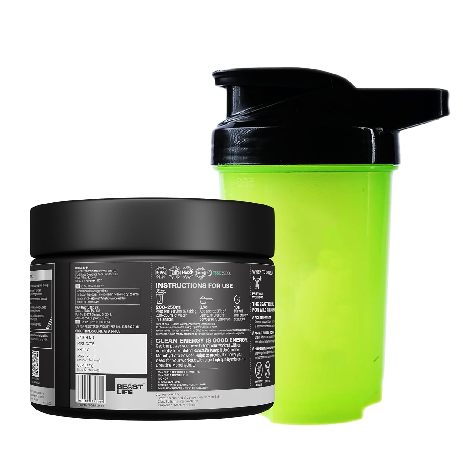 BeastLife Micronised Creatine Monohydrate with Free Shaker | 125g | 33 Servings | Shikanji | NABL Lab Tested | Rapid Absorption for Muscle Strength & Athletic Performance | Super Micronised Creatine Powder