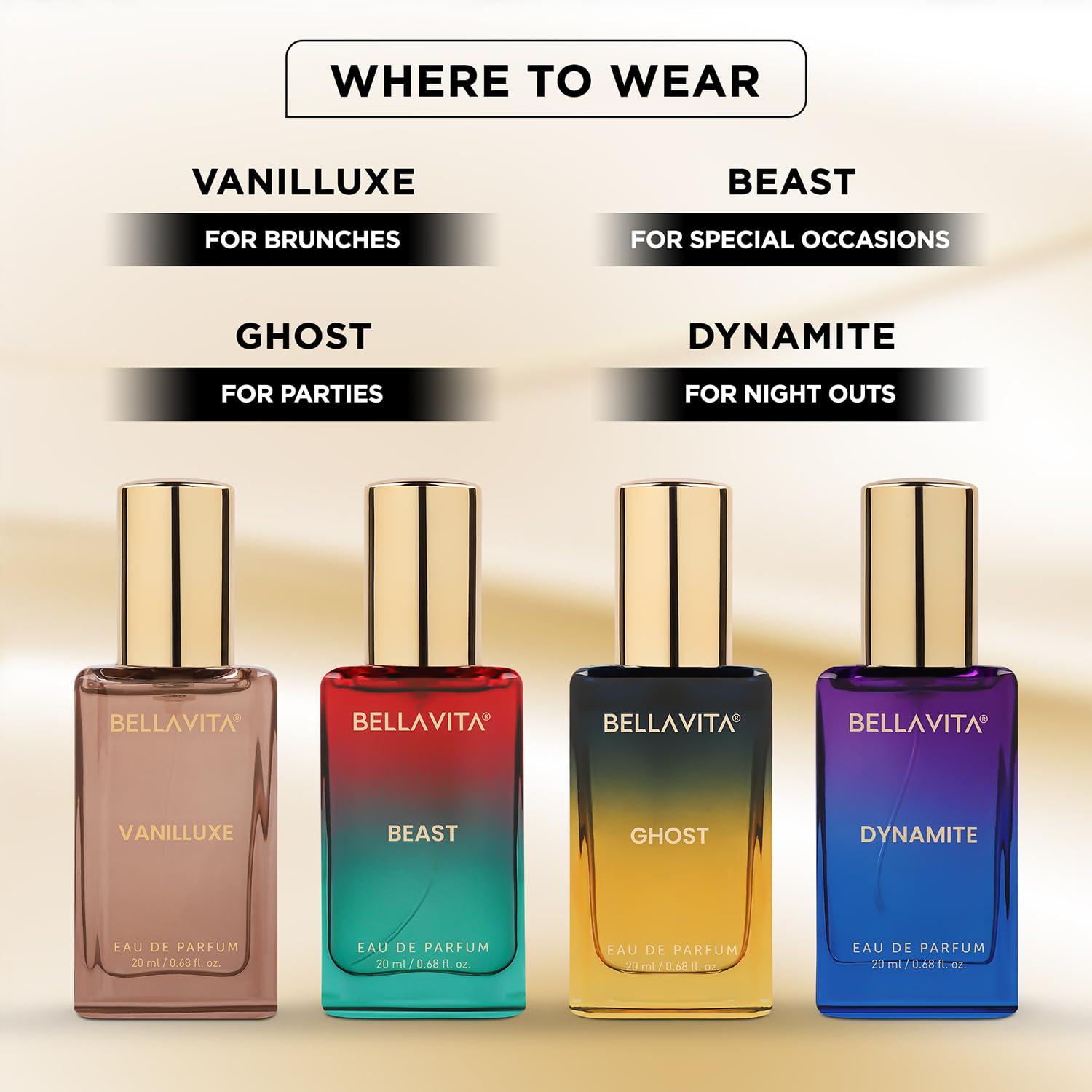 BELLAVITA Alter Ego Collection | 4x20ml | Long Lasting EDP | Gift for Man and Woman | Perfume for Man and Woman | Vanilla, Caramel & Musk | Floral, Spicy Premium Fragrance for Men and Women