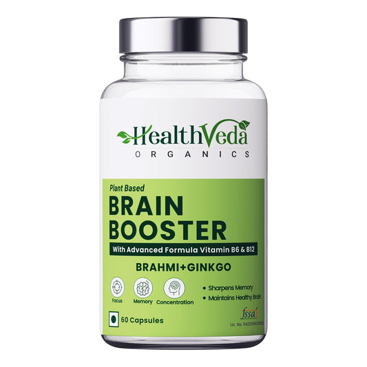 HEALTH VEDA ORGANICS PRIVATE LIMITED Plant Based Brain Booster With Ginkgo Biloba & Brahmi I 60 Veg Capsules I Boosts Concentration & Learning Activities