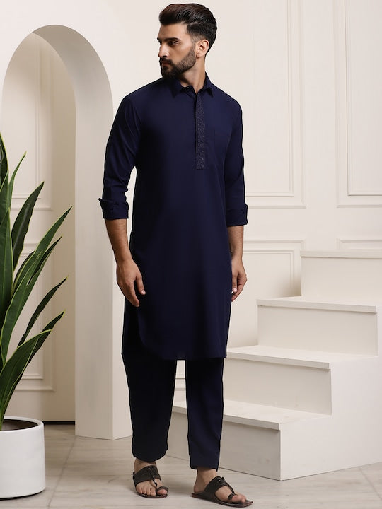 Sojanya Men Navy Blue Solid Pathani Kurta with Salwar