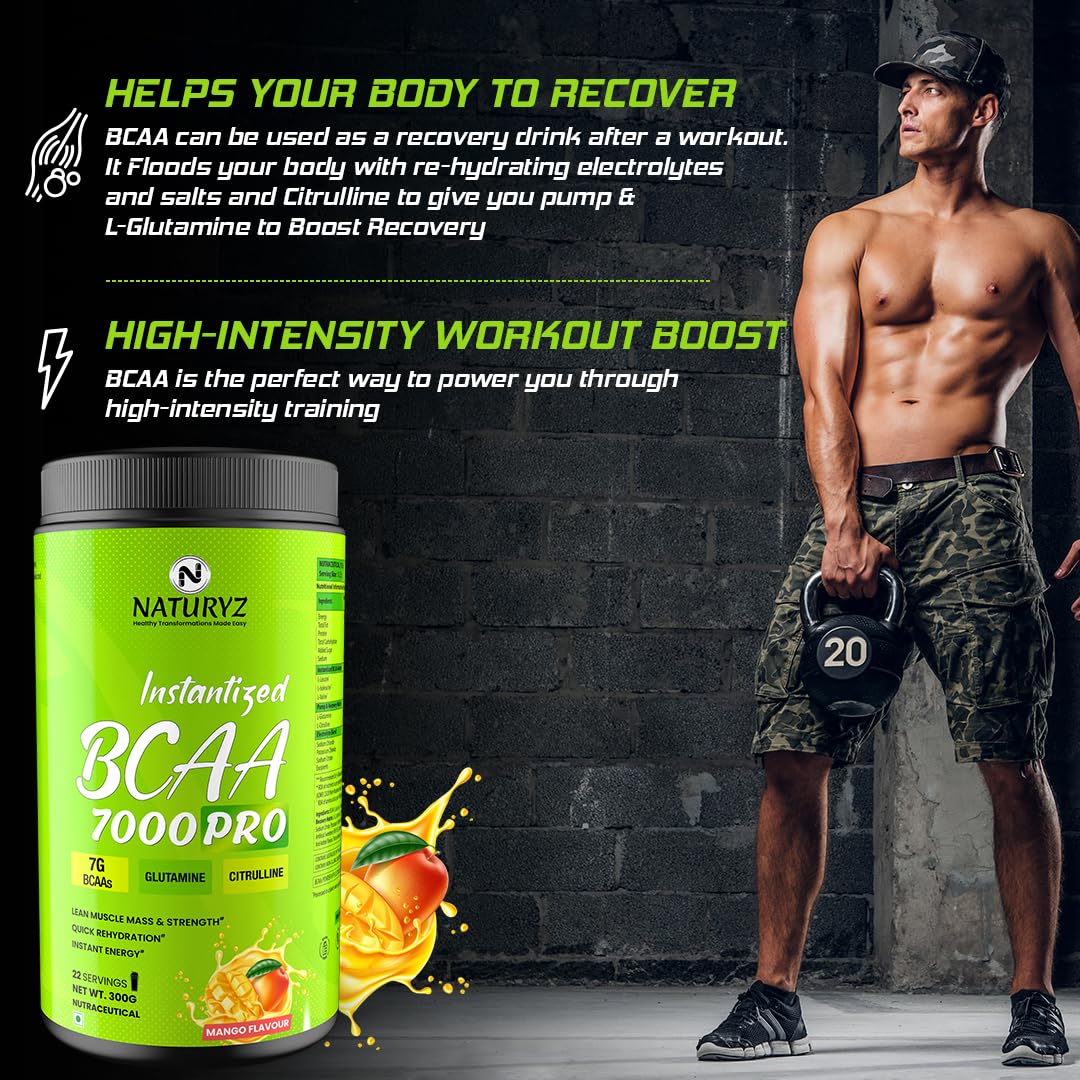 NATURYZ Instantized BCAA 7000 PRO |7G Vegan BCAAs | Glutamine | Citrulline | Electrolytes | 0 Added Sugar | Powerful Pre/Post & Intra Workout Amino for Lean Muscle Growth, Strength, Quick Re-Hydration & Instant Energy - 300g(Mango)