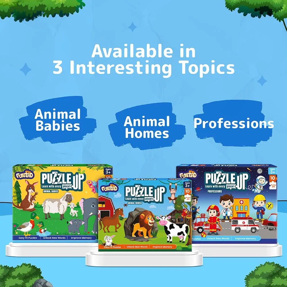 Funtad Kids Puzzleup Learn Animal Homes,10-In-1 Entry Level Puzzle 45 Big Size Jigsaw Pieces Montessori Educational Toy For Boys & Girls Age 3,4 & 5 Yrs