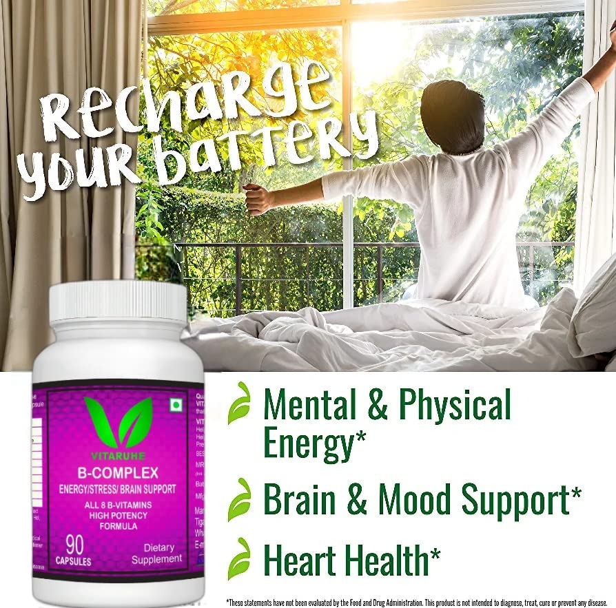 VITARUHE® High Strength Vitamin B-Complex B1, B2, B3, B5, B6, B7, B9, B12 Vegan 90 Capsules, 3 Months SUPPLY
