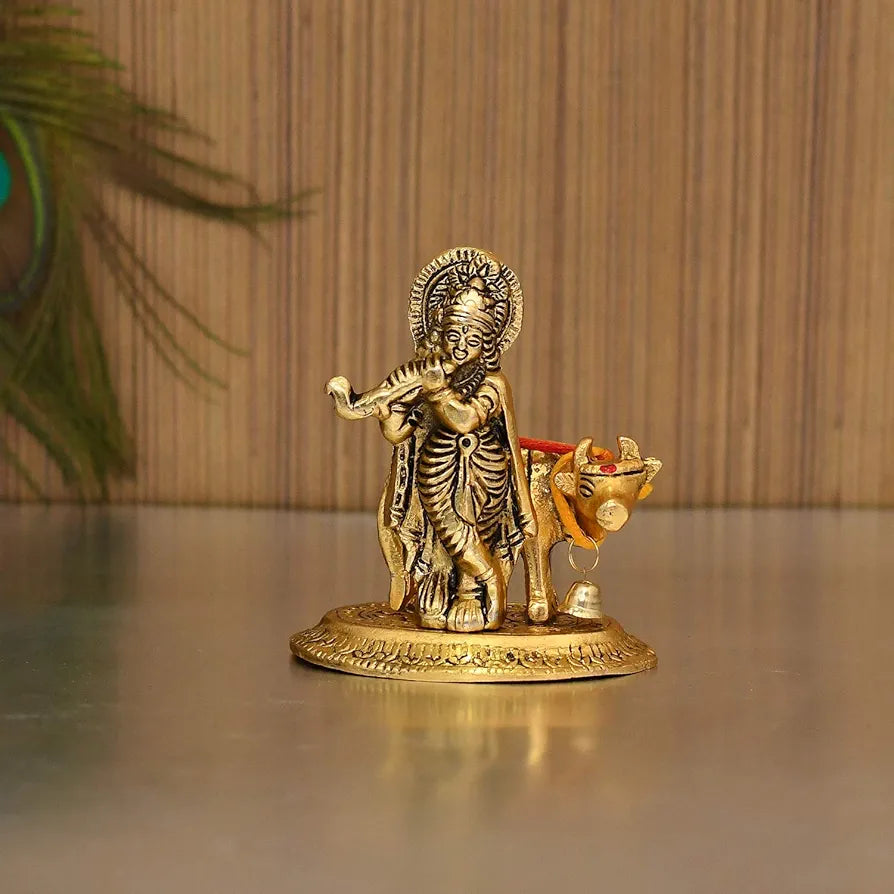 Collectible India Metal Krishna Idols with Cow