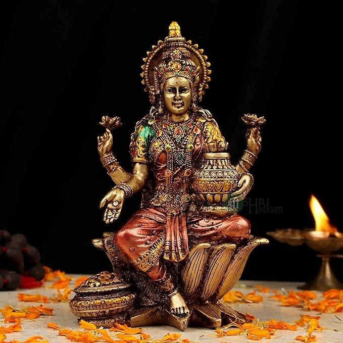Indicast 7" Inch Cold Cast Resin Laxmi Showpiece for Puja Room and Temple Antique Decor | Metal Finish, Copper