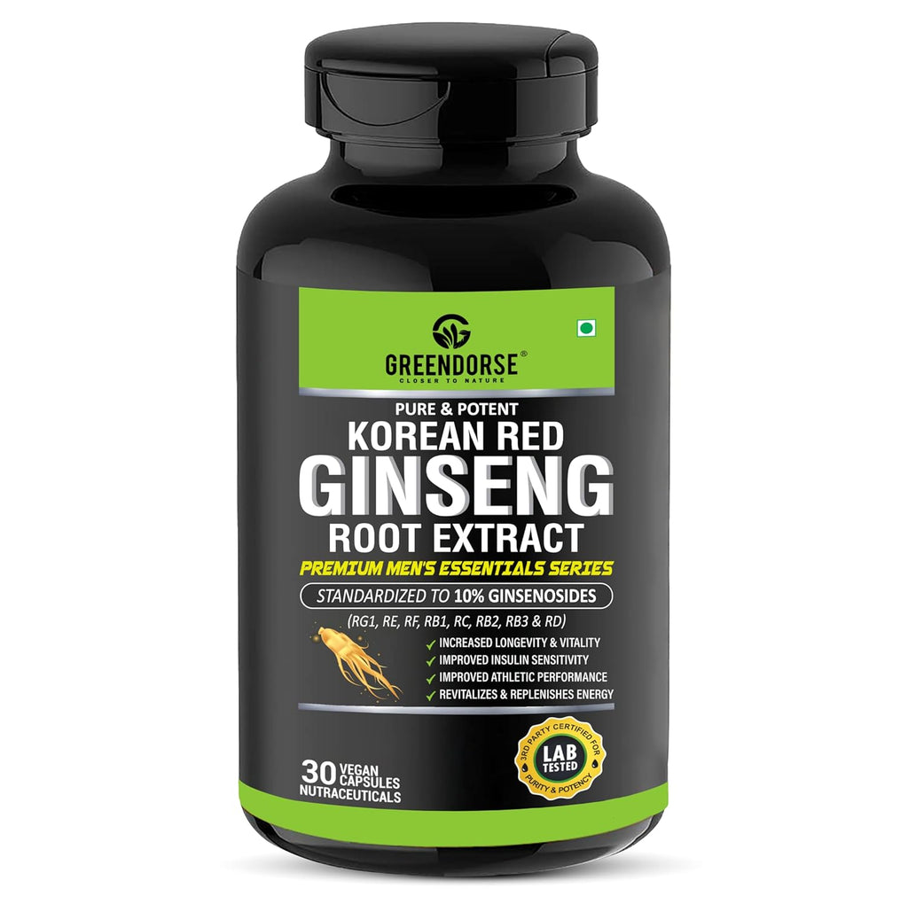 GREENDORSE Korean Red Panax Ginseng Root Extract | 10% Root Ginsenosides by HPLC | Extra Strength Ginsenosides for Energy, Focus, Performance, Vitality & Immune Support- 30 Veg Capsules