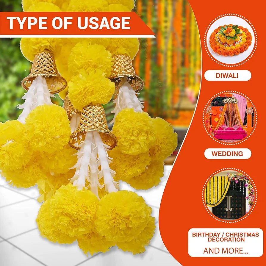 Artificial Marigold Flowers For Decoration Garland With Bell 5 Feet Long 5 Pcs With 1 Diya 5 Centimeters Yellow-Bell