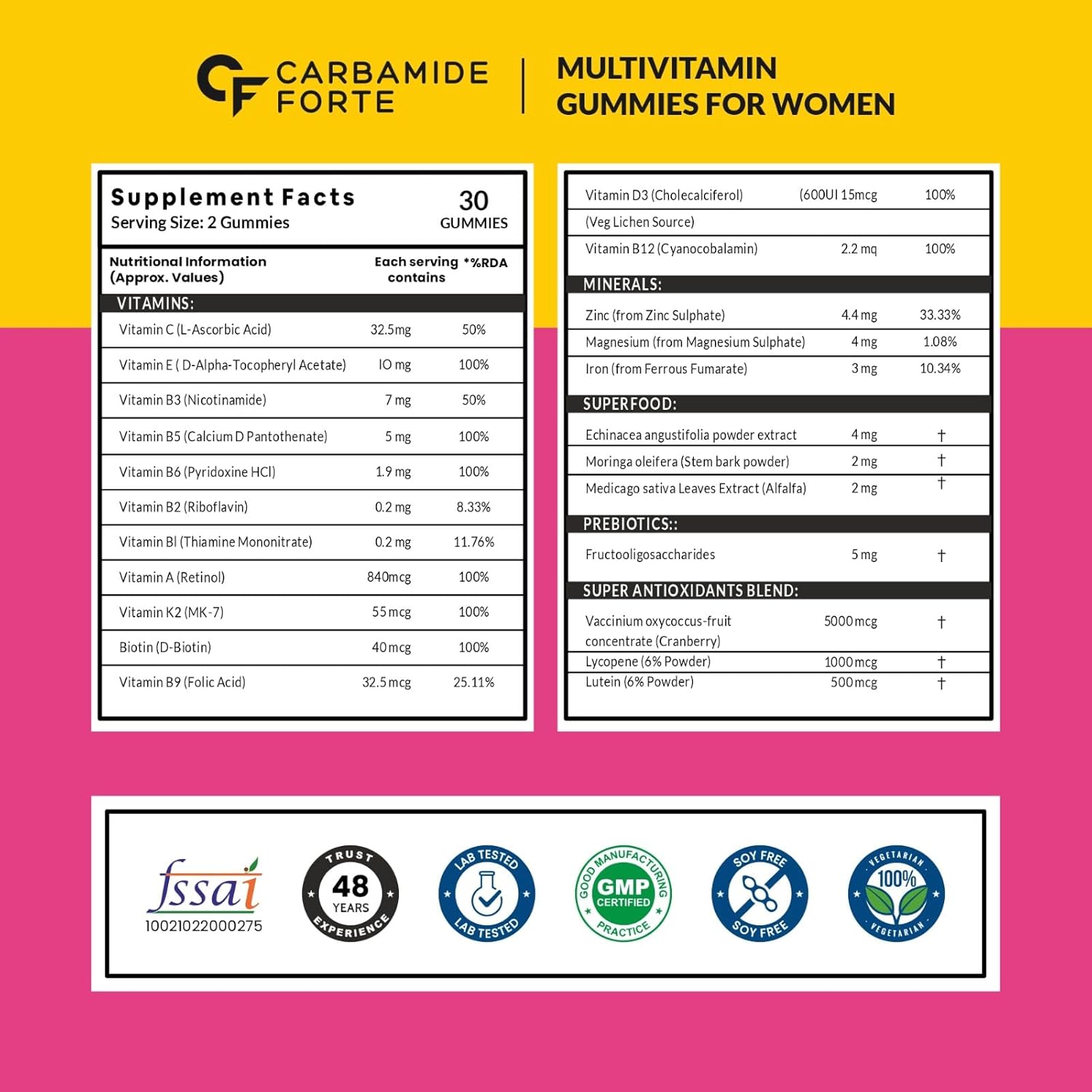 Carbamide Forte Multivitamin Gummies for Women | Multivitamin for Women' s Hair, Skin & Nails, with Biotin & Antioxidants for Immunity & Probiotics for Digestion | 23 Ingredients - 60 Veg Gummies