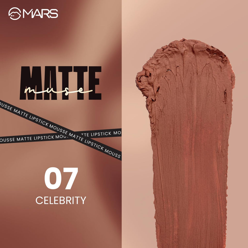 MARS Matte Muse Mousse Lipstick (3ml) (07-CELEBRITY) with Doe-Foot Applicator | Highly Pigmented | Smooth Texture | Hydrating Formula | Blurry Lips Effect